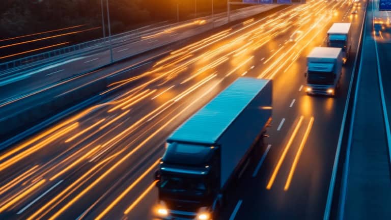 Advanced Autonomous Truck Fleet on Smart Highway, showcasing future transportation, self-driving technology, connected vehicles, smart infrastructure, and efficient logistics.