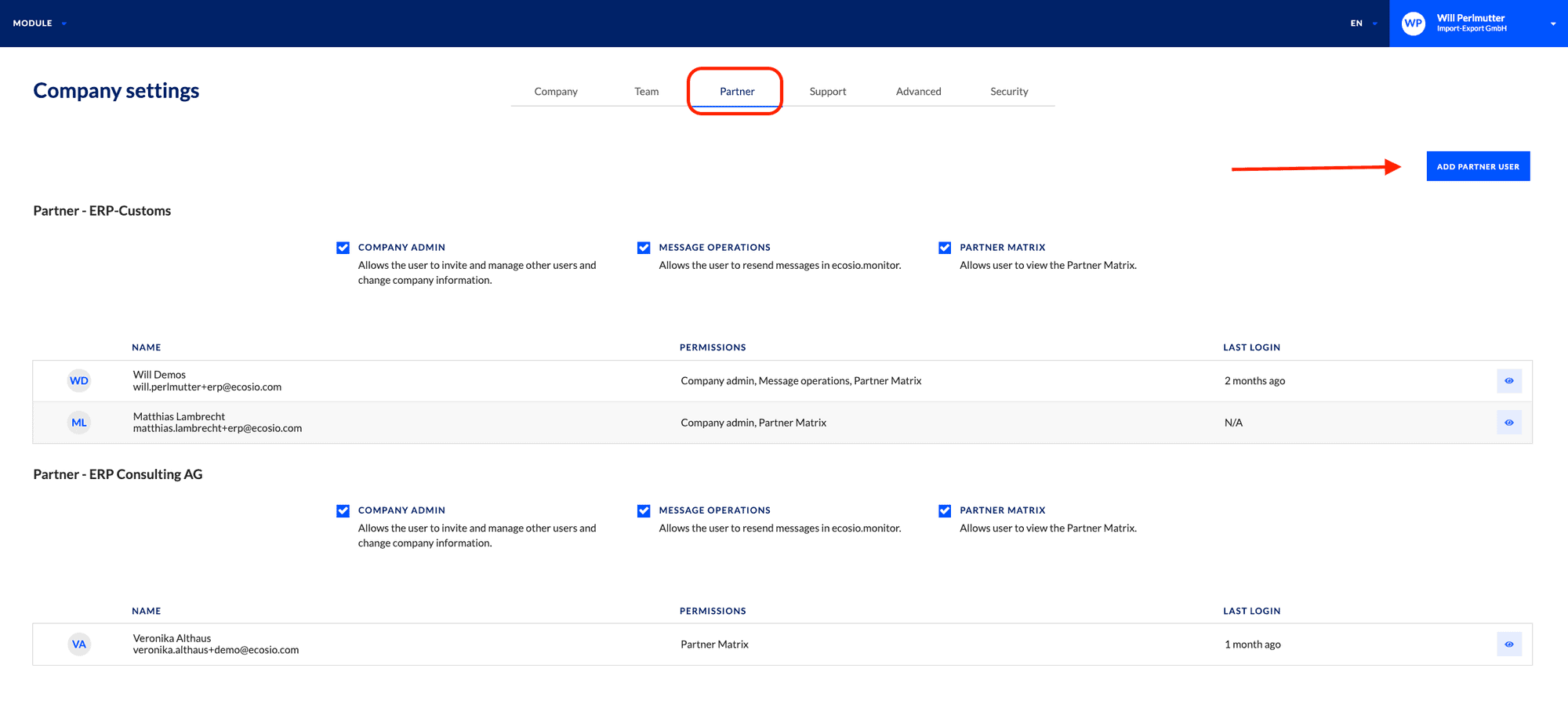 Screengrab of the ecosio.monitor showing how to add a partner user