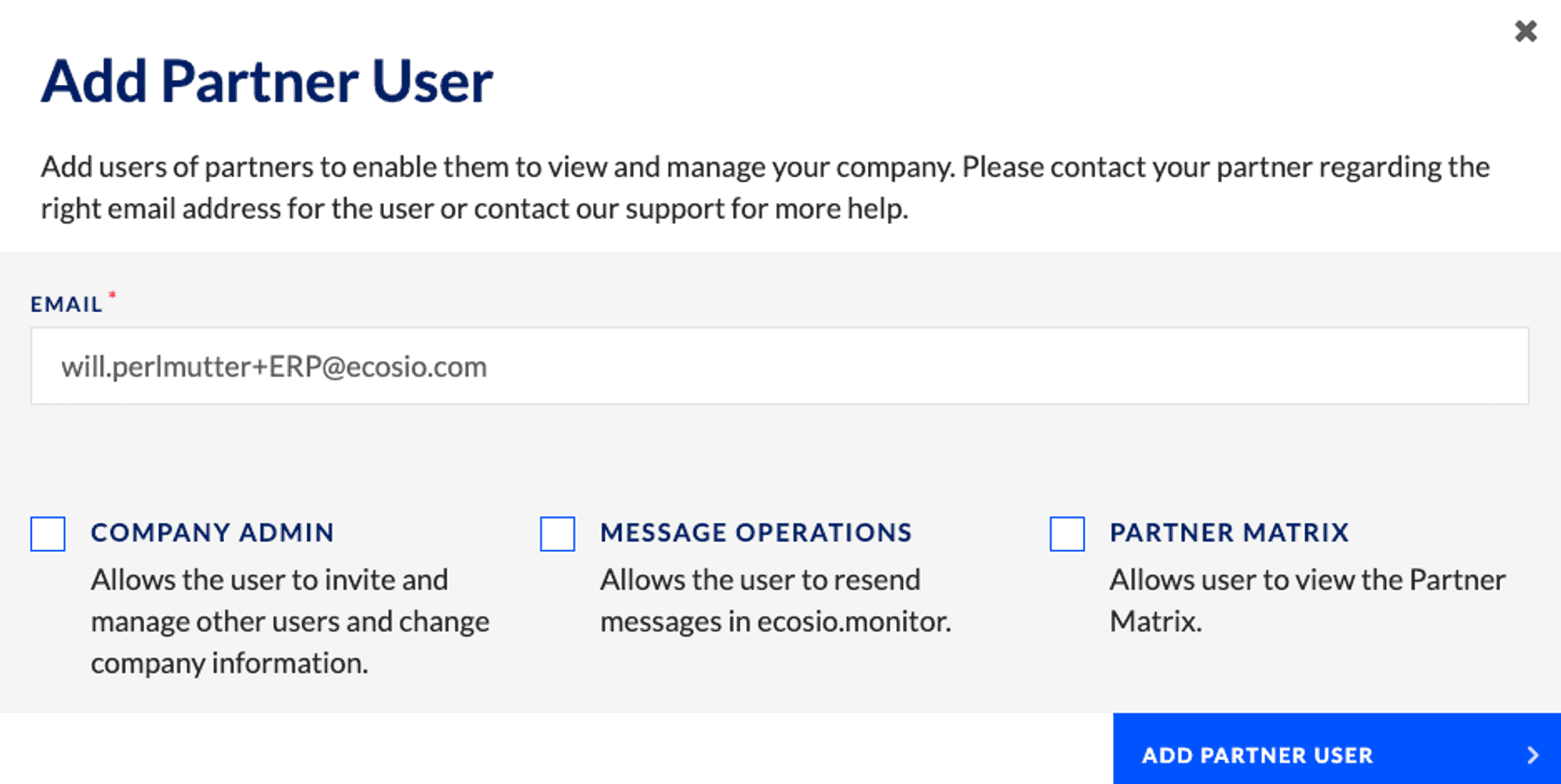 Screengrab of the ecosio.monitor showing how to add a partner user