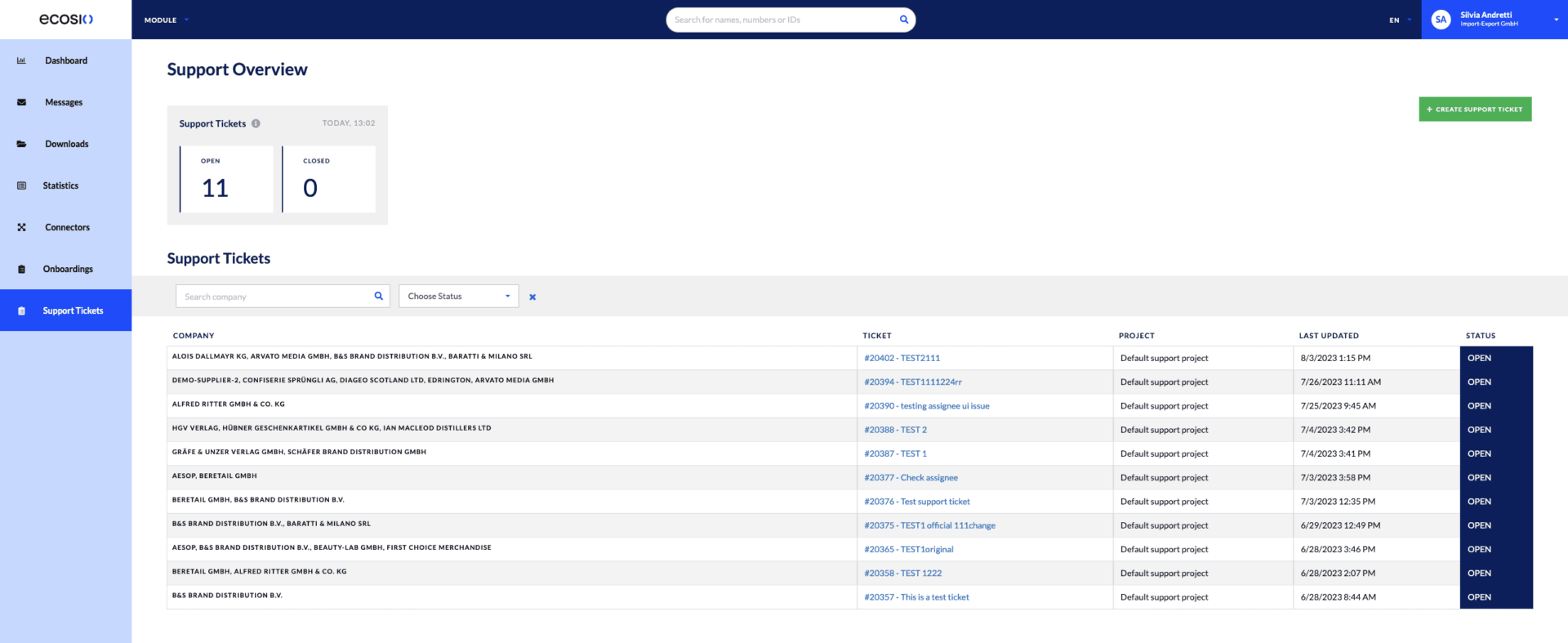 Example of support ticket functionality in the ecosio.monitor