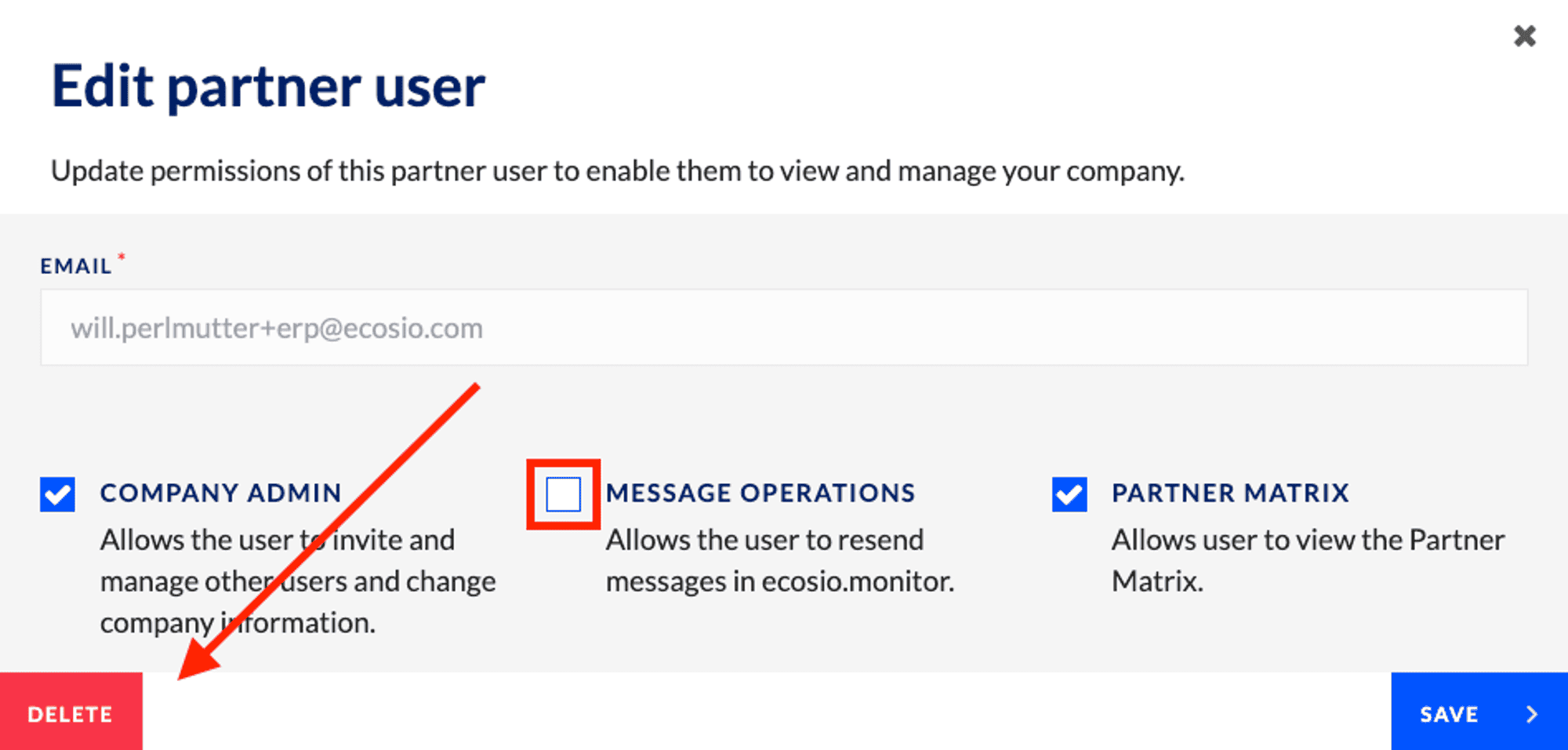 Screengrab of a window in the ecosio monitor showing how to edit a partner user
