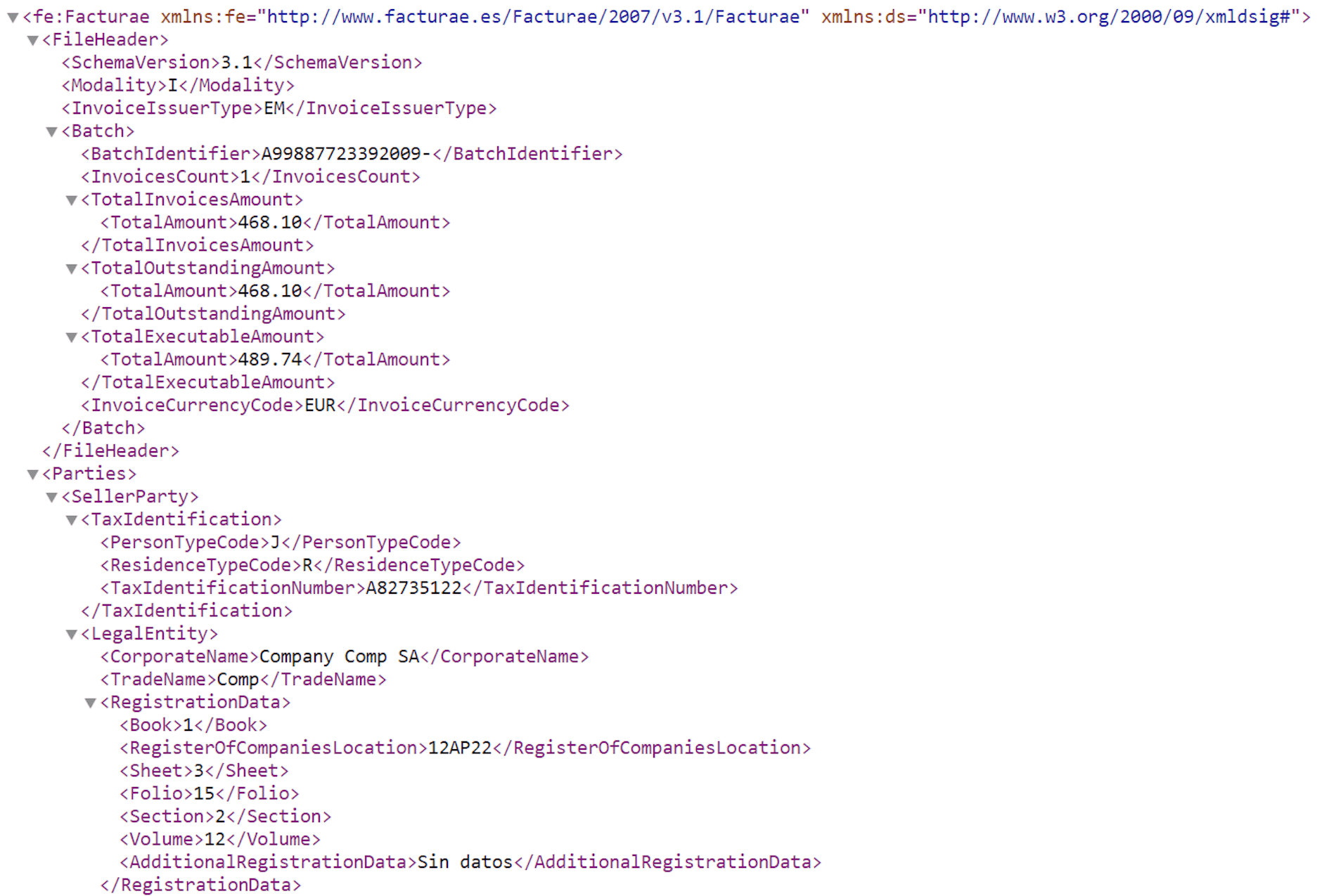 Extract of a sample invoice in the FacturaE format (click to enlarge Extract of a sample invoice in the FacturaE format (click to enlarge