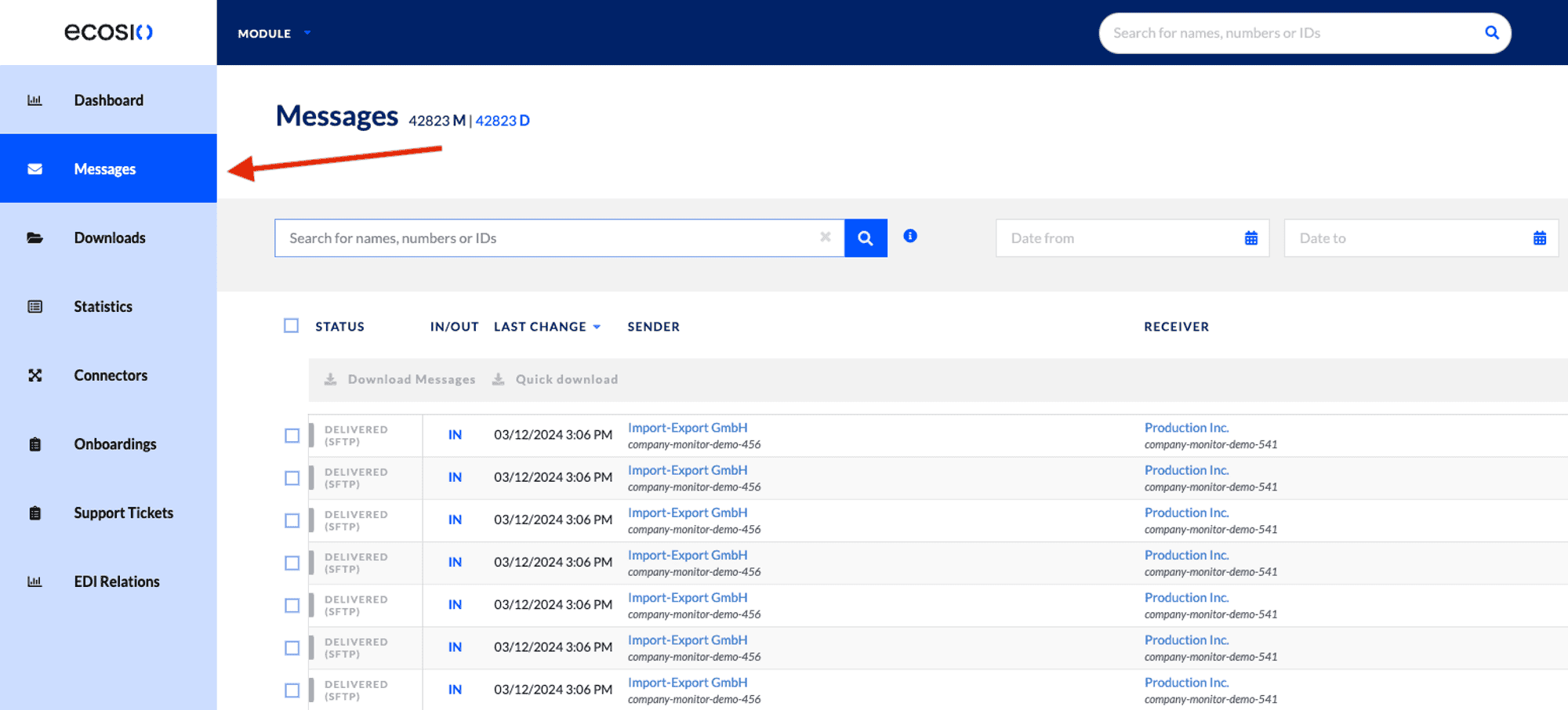 Message overview in the ecosio.monitor