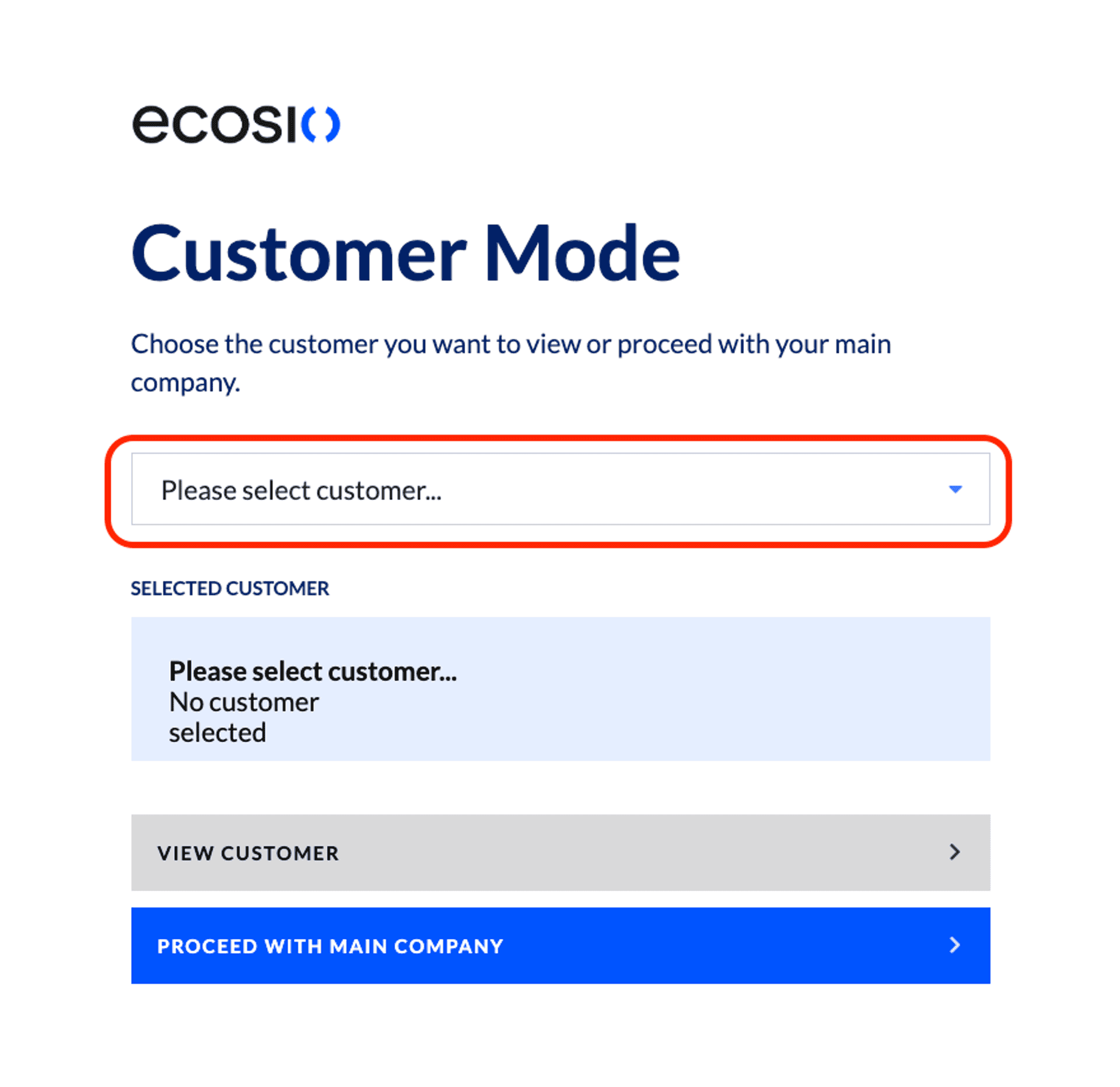 Screengrab of the ecosio.monitor showing how to select a customer